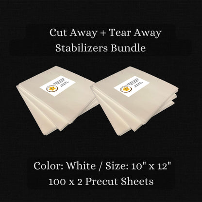 Cut Away & Tear Away Machine Embroidery Stabilizers Bundle - Backing 10 x 12 Inches - 100x2 Precut Sheets For Machine Embroidery