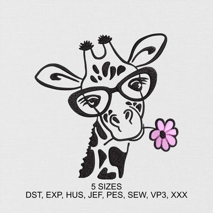 Cute Giraffe In Glasses With Flower Machine Embroidery Design - Animal Digital Embroidery File - Instant Download - 5 Hoop Sizes Image 1