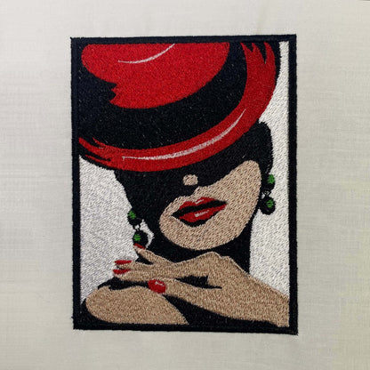 Cute Girl Face In Red Hat And Earrings Machine Embroidery Design - Woman Face Digital Embroidery File - Instant Download - 1 Hoop Size Image 2