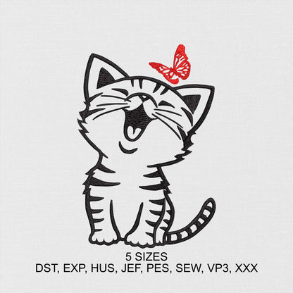 Kitten with Butterfly Machine Embroidery Design - Digital Embroidery File - Instant Download - 5 Hoop Sizes Image 1