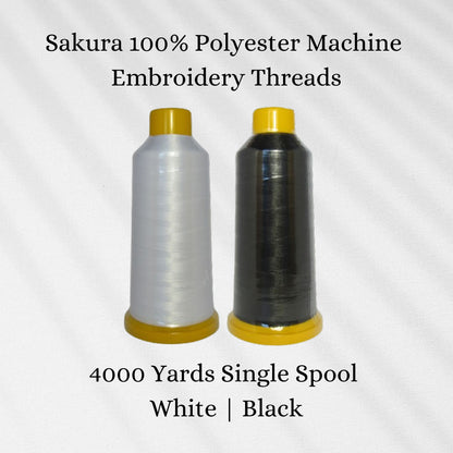 Sakura 100% Polyester Machine Embroidery Thread 4000 Yards Single Spool White, Black